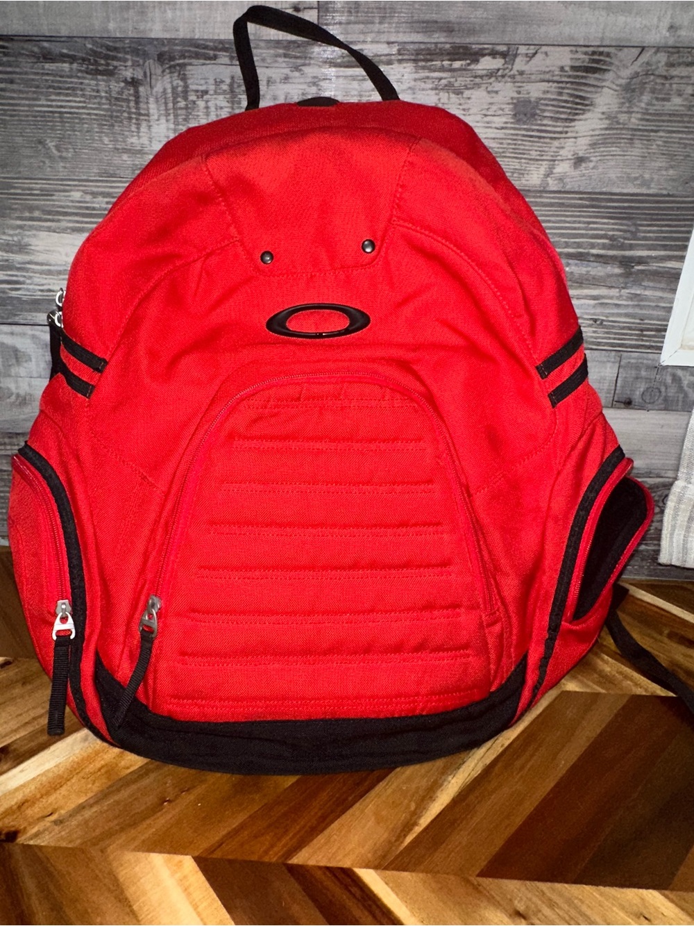 Y2K Oakley Red and Black Backpack with Multiple Zip Pockets